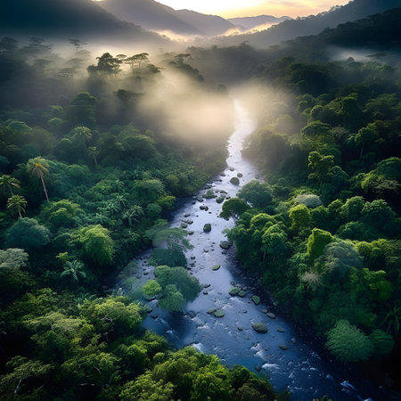 Beautiful landscape with river and misty forest at sunrise, Sri Lankaの素材