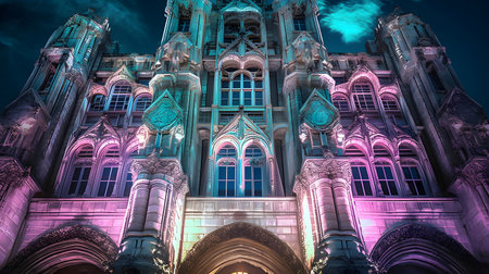 Night shot of the facade of the New York State Capitol building.の素材