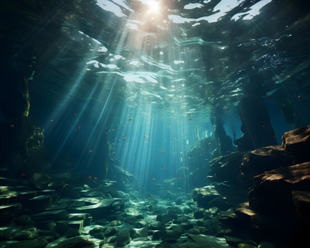 Underwater scene with fishes and rays of light. 3d renderingの素材