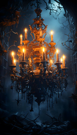Chandelier in a dark room. Halloween concept. 3D renderingの素材