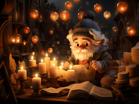 Santa Claus reading a book. Christmas and New Year concept. 3D renderingの素材