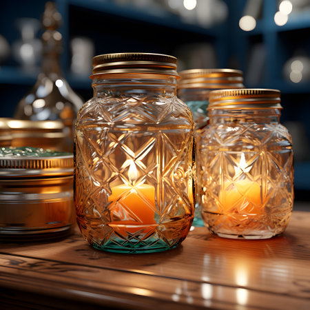 Candles in a glass jar on a wooden table. 3d renderingの素材