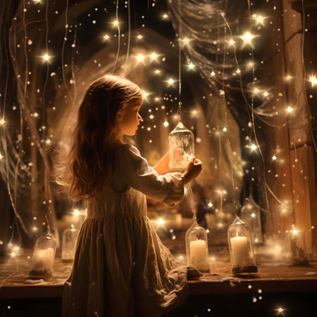 Little girl with a lantern in her hands. Fairy tale theme.の素材