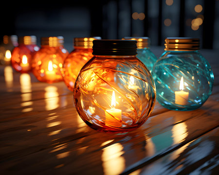 Candles in glass jars on a wooden table. 3d renderingの素材