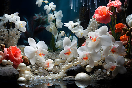 White orchids, pebbles and pearls on black backgroundの素材