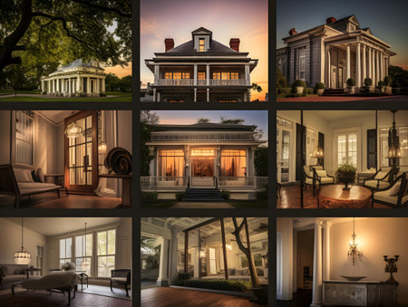 Collage of classical american house with columns and columns at sunsetの素材