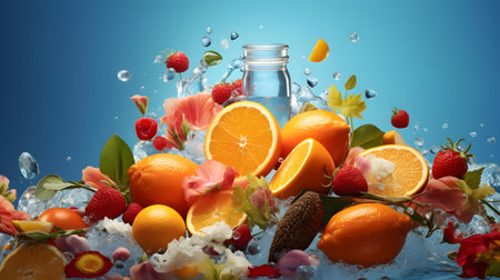 Fresh fruits and water splash on blue background. 3d illustrations.の素材