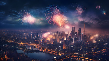 New Year fireworks over the city of Chongqing at nightの素材