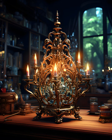 Vintage candlestick with burning candles on the background of bookshelvesの素材