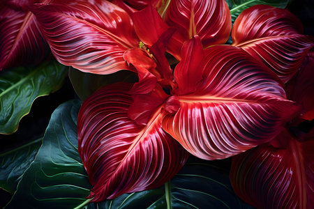 Beautiful red and green tropical leaves background. Copy space for text.の素材