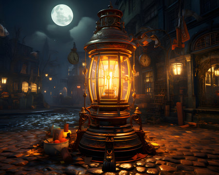 Lantern in the old town at night, 3D renderingの素材