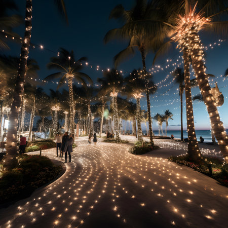 Palm trees at night with lights and people walking on the beachの素材