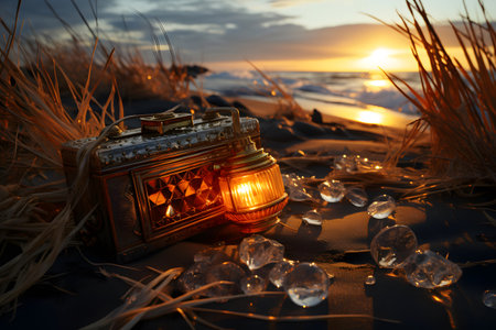 Lantern on the beach with ice crystals on the sand.の素材