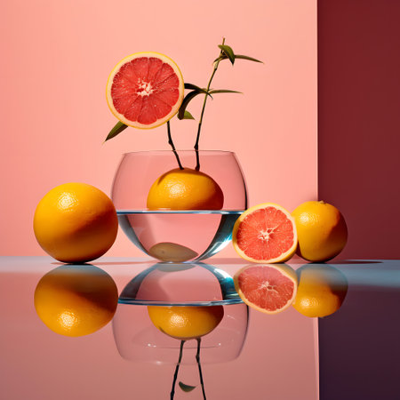 Oranges in a glass vase on a pink background with reflectionの素材