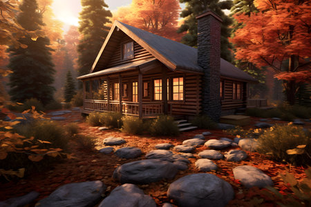 Wooden cottage in the autumn forest. 3D illustrations. Digital painting.の素材
