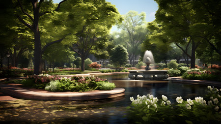 Park scene with fountain and pond in the city. 3d renderingの素材
