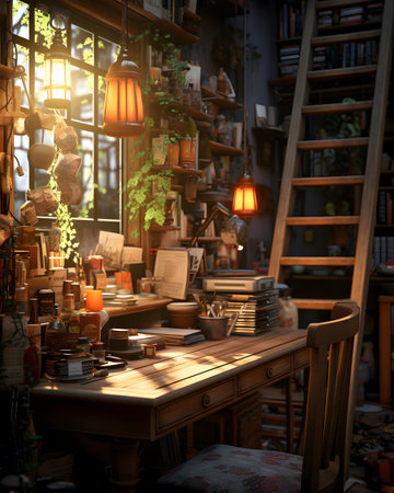 3d rendering of an old bookcase in a cozy home interiorの素材