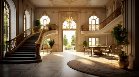 Elegant living room interior with wooden stairs. 3d renderingの素材