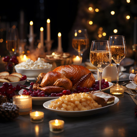 Festive table setting for Thanksgiving dinner with roasted turkey, cranberry, pine cones, candies and champagne. Selective focus.の素材