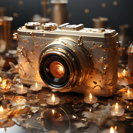 Vintage camera with candles on dark background. 3d illustrations.の素材