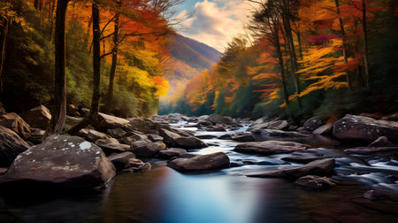 Mountain stream in autumn forest. Colorful foliage in mountains.の素材
