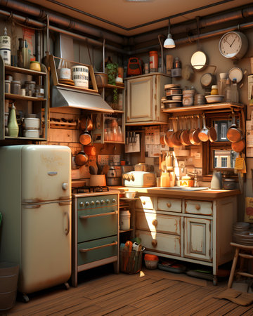 3D render of an old kitchen with utensils and itemsの素材