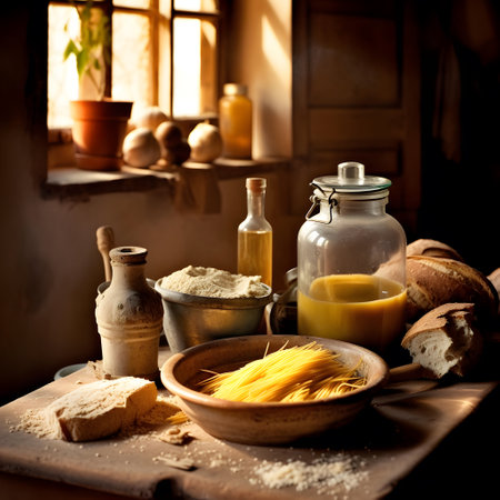 Still life with pasta, flour, oil and bread in rustic kitchenの素材