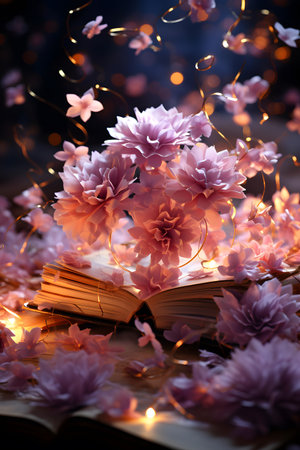 Open book with pink flowers and bokeh lights on dark backgroundの素材