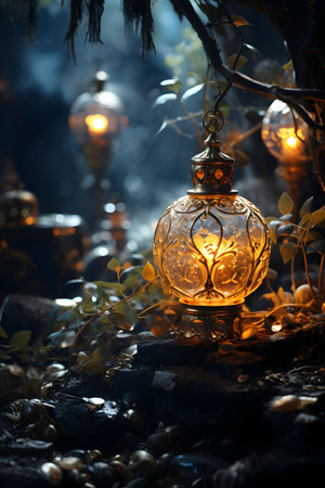 Vintage oil lamp in the dark forest. Halloween concept. Selective focusの素材