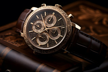 Wrist watch on a wooden table. Luxury wristwatch.の素材