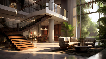 3D rendering of a modern living room interior with a large window.の素材