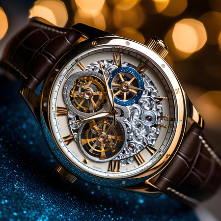 Wristwatch on the background of a Christmas garland with lightsの素材