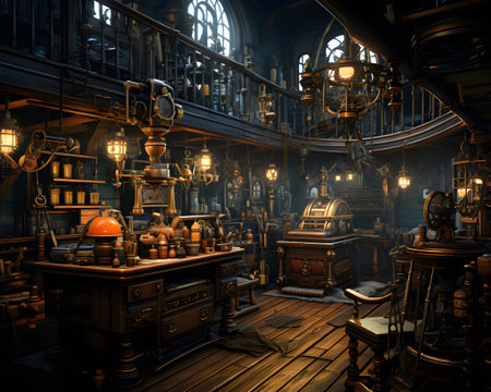 Interior of an old book library. 3D rendering. fantasy.の素材