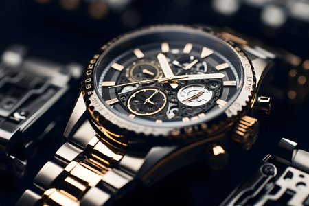 Wristwatch close-up. Luxury wristwatch with stainless steel bracelet.の素材
