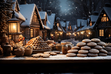 Christmas gingerbread cookies on wooden table in front of traditional houses at nightの素材