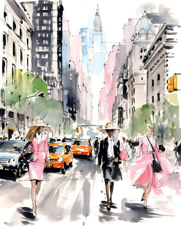 Sketch of a city street with a group of people.の素材