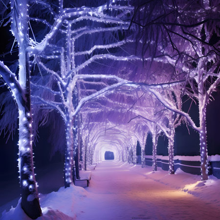 Winter night in the city park, illuminated path with lights and treesの素材