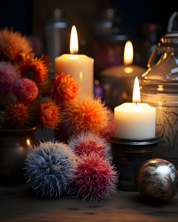 Burning candles and Christmas decorations on dark background. Selective focus.の素材