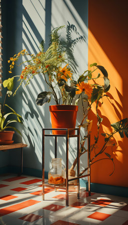 Flowers in vase on shelf in room with orange and blue wallの素材