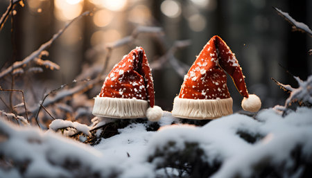 Two Christmas hats in the snow on the background of a winter forestの素材