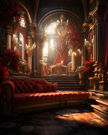 Interior of a church with a red sofa. 3d renderingの素材