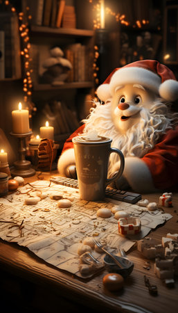 Santa Claus with a cup of hot cocoa on the background of Christmas decorations.の素材