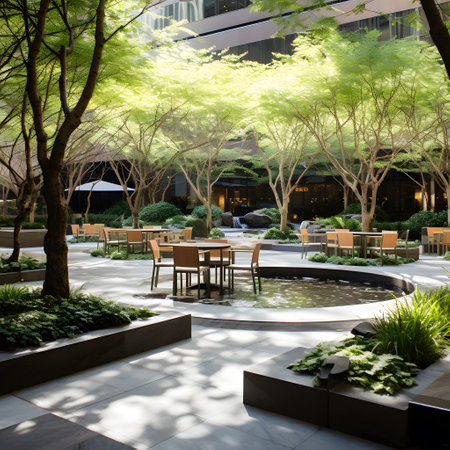 Restaurant in the city with green trees in the background.の素材