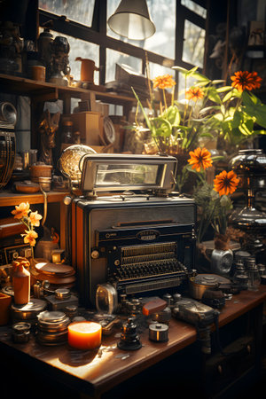 Vintage Antique Antique Typewriter on the table.の素材