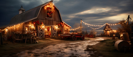 Old wooden house with Christmas lights in the village at night.の素材