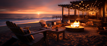 Sunset on the beach with chaise lounges and tablesの素材