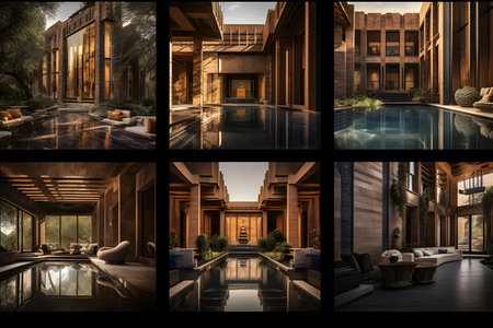 3d rendering of modern luxury house with swimming pool. collageの素材