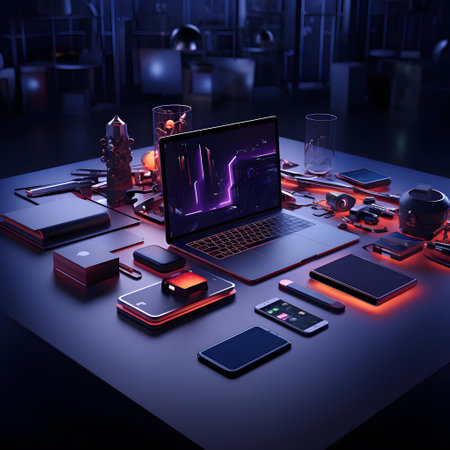 3d rendering of laptop and mobile phone on table in dark roomの素材