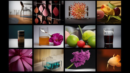 A collection of images of different fruits and vegetables on a black background.の素材