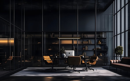 Interior of modern office with black walls, concrete floor, comfortable brown sofa and bookcase with folders. 3d renderingの素材